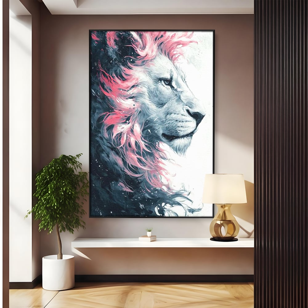 Tablou canvas cu tablou canvas cu leu in profil, in rama de aluminiu negru